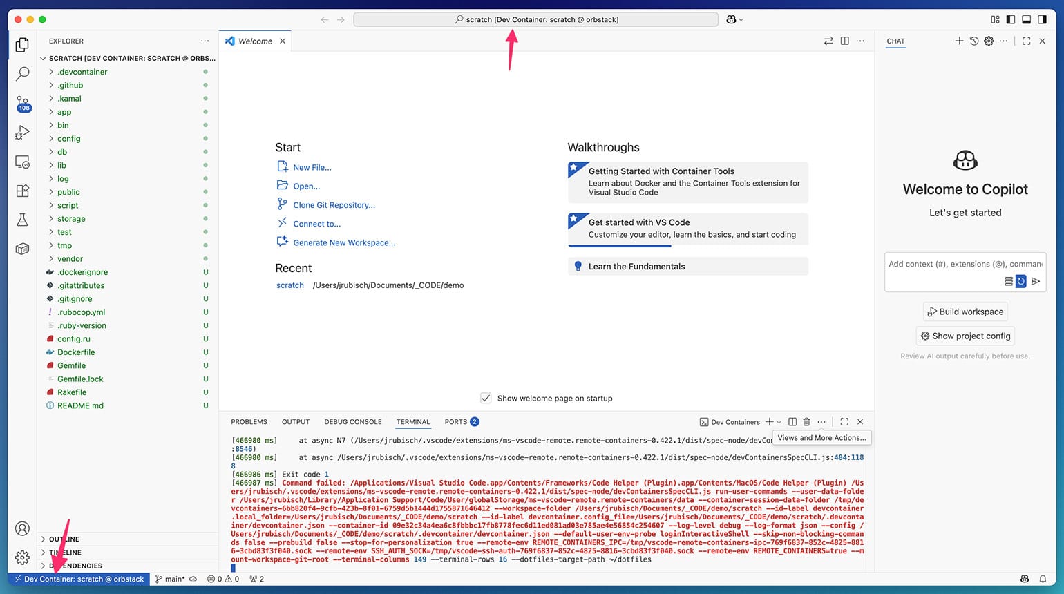 visual indicators that the editor is running inside a container