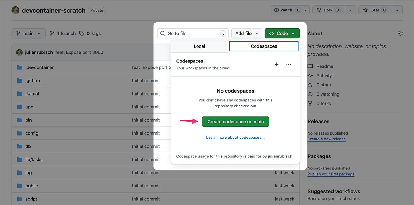 Using the GitHub UI to start a codespace