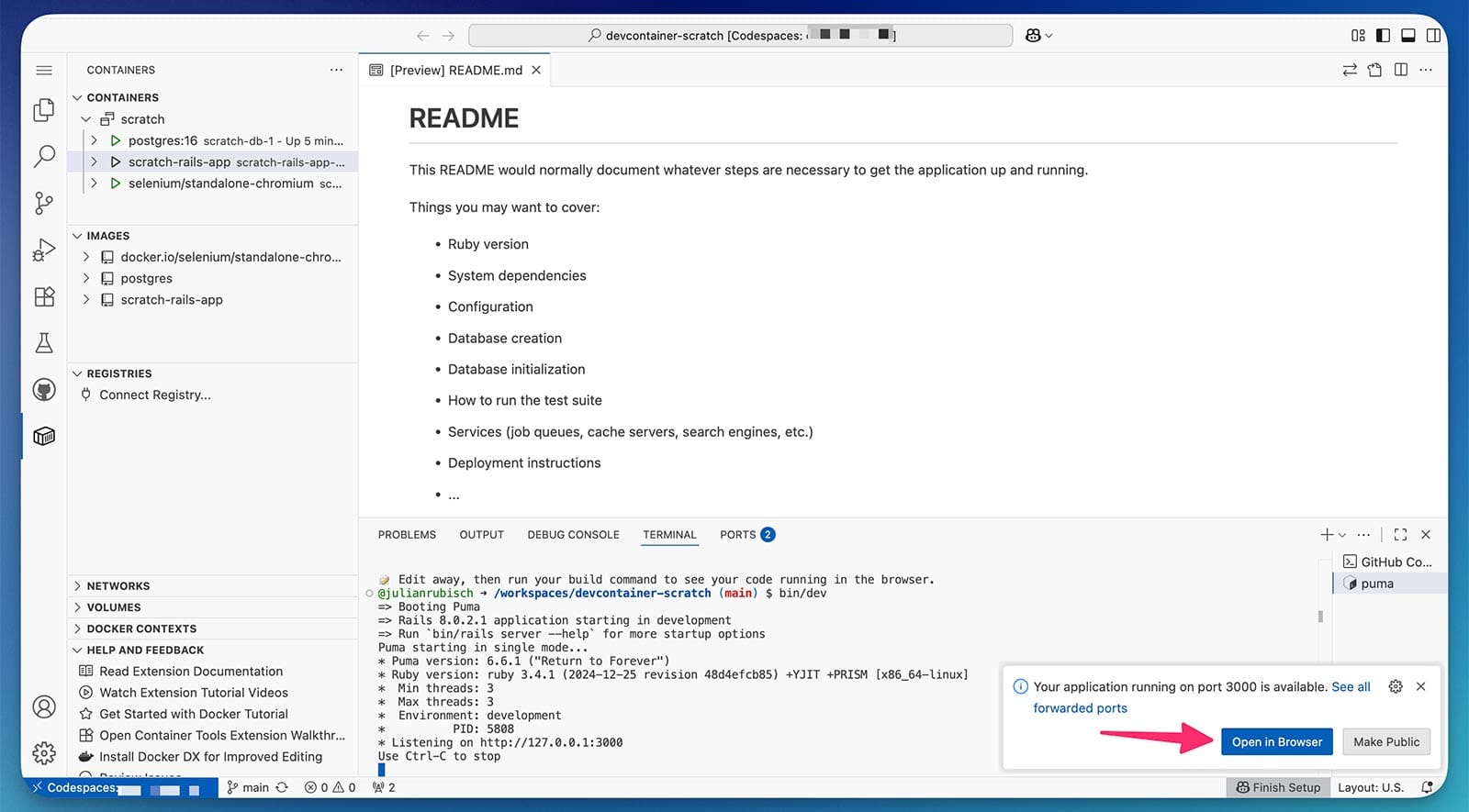 Running a codespace and being prompted to open it in a browser tab