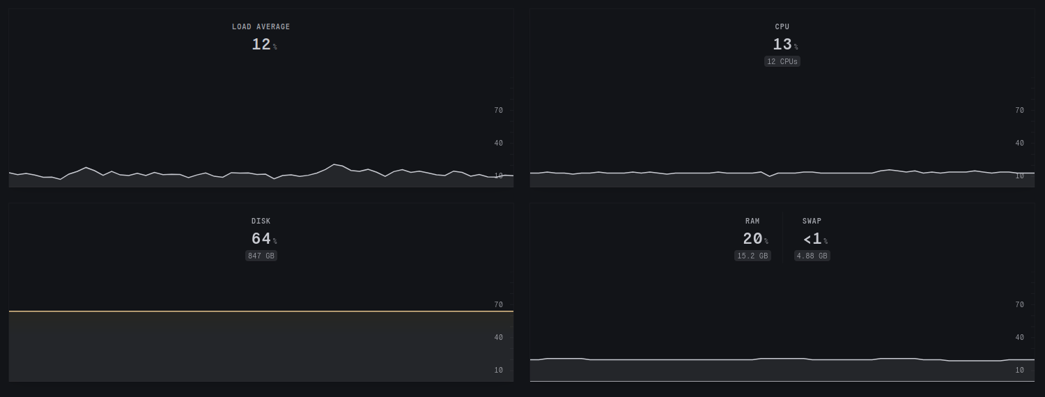 Server charts with load average, CPU, RAM and disk